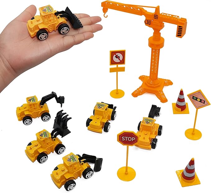 18 PCS Construction Cake Toppers Vehicles Cake Decoration Set Excavator Tower Crane Cupcake Topper Traffic and Road Sign Decor Happy Birthday Party Supplies Favors