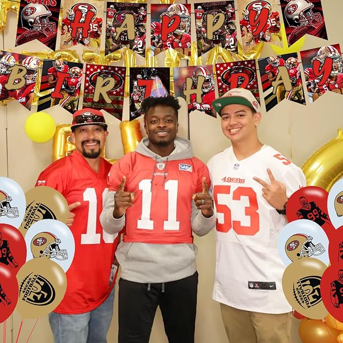 49ers Party Decorations,San Francisco Birthday Party Supplies Includes Banner- Cake Topper - 24 Cupcake Toppers - 18 Balloons