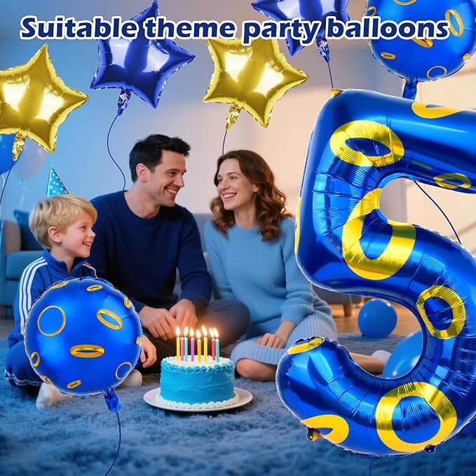 40 Inch Blue and Golden Ring Themed Number Balloon, Number Block Foil Number 5 Balloons Large Big Numbers Helium Balloon for Girls Boys 5th Birthday Theme Party Decorations (Number 5)