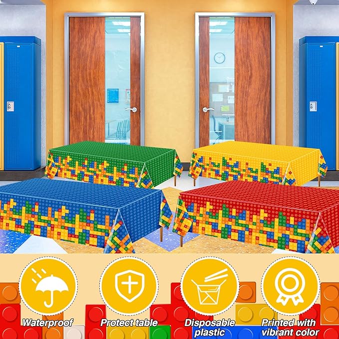 Oudain 4 Pcs Building Block Tablecloths - Colorful Birthday Party Decorations 54 x 108 Inch Disposable Plastic Brick Table Cover - Waterproof Themed Party Supplies (Multicolor)