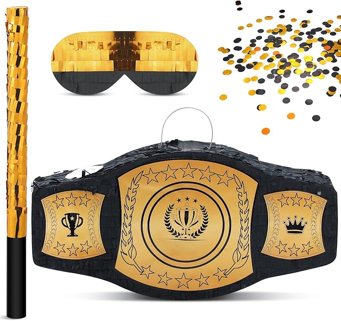 Mepase Wrestling Birthday Party Decorations Wrestling Belt Piñata with Blindfold and Bat World Heavy Weight Boxing Championship Theme Supplies for Sport Fans Themed Party Decorations