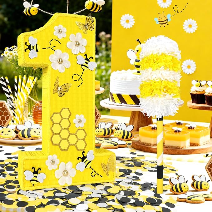 25" Large Number 1 Pinata - Includes 24" Bat Stick, Eye Mask, Rope | Queen Bee Pinatas with Butterfly, Daisy, Bumblebee Themed Party Supplies and Decorations, Kids First Birthday Party Décor