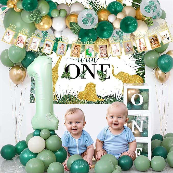 Wild One Jungle Theme Birthday Decorations Kit for Boys, Palm Leaf Balloon Garland, Boxes, Party Supplies