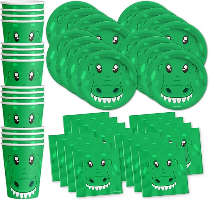 Alligator Birthday Party Supplies - Baby Alligator Tableware Set for Boy's Birthday - Kit Includes Plates, Napkins and Cups - For 16 Guests