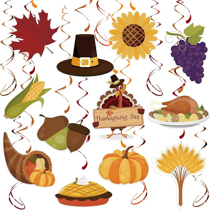 30pcs Thanksgiving Hanging Swirls, Thanksgiving Ceiling Hanging Decorations Turkey Pumpkin Acorn Ceiling Streamers for Give Thanks Classroom Friendsgiving Party Supplies