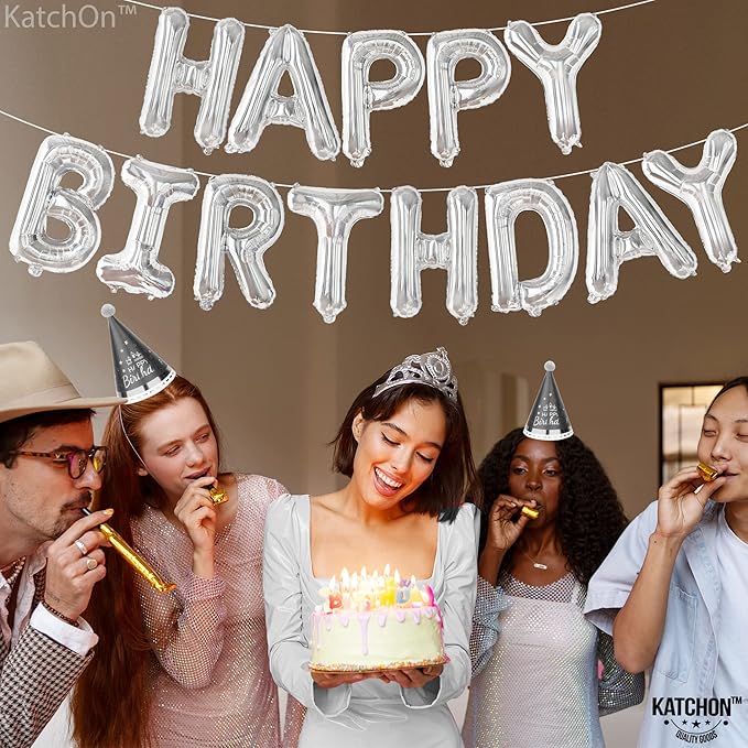 KatchOn, Silver Happy Birthday Banner Balloons Letter - 16 Inch | 3D Silver Mylar Foil Letters Balloons with Ribbon | Happy Birthday Decorations for Women Men Party Supplies