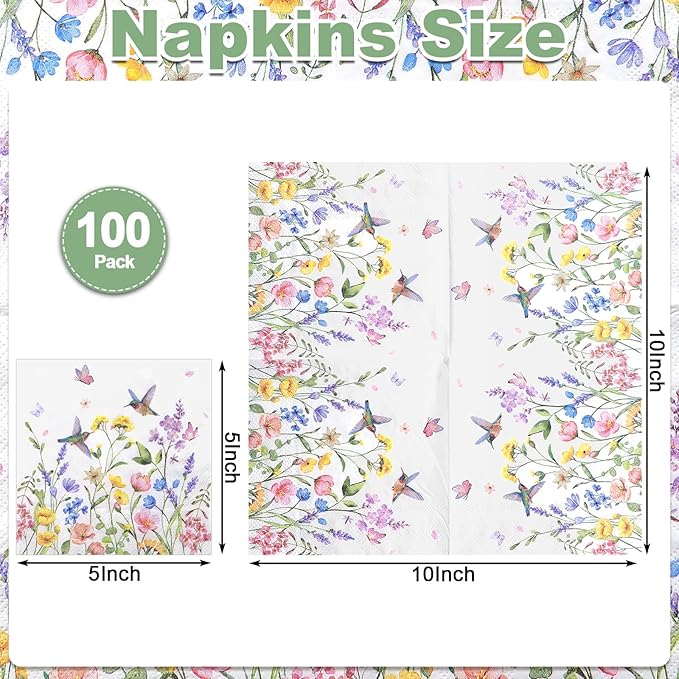 100 Pcs Wildflower Napkins, 2-Ply Floral Cocktail Napkins Spring Decoupage Napkin Butterfly Hummingbird Flower Dessert Beverage Napkin for Easter Baby Shower, Tea Party