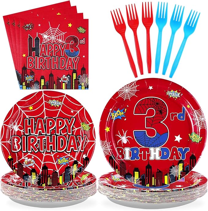 96Pcs Spider 3rd Birthday Decorations for Boys Super Theme Hero 3rd Birthday Plates and Napkins Blue Red Spider Three Year Old Decoration Favors for Kids 3 Year Old Party Supplies Serves 24