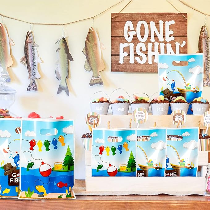 50Pcs Little Fisherman 1st Birthday Party Bags Gone Fishing Goody Candy Treat Plastic Gifts Bags Gone Fishing The Big One Birthday Party Decorations Supplies Decor for Kids