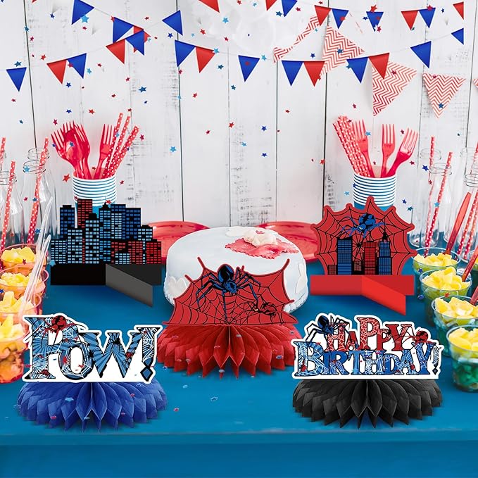 Outus 9 Pcs Spider Birthday Party Decorations Spider Honeycomb Centerpiece 3D Table Topper Standing Decorations Hero Web Theme Party Supplies for Birthday Shower Table Decor Indoor