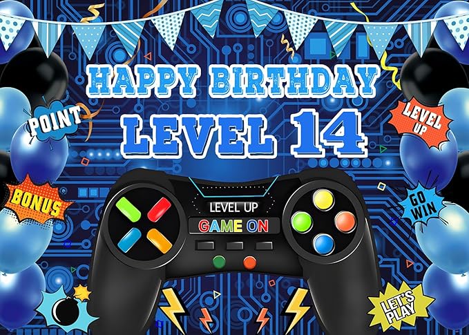 Game Theme Level 14 Birthday Backdrop Video Game Happy 14th Birthday Party Decorations Level Up Theme Boys Kids Birthday Party Supplies(7×5FT)