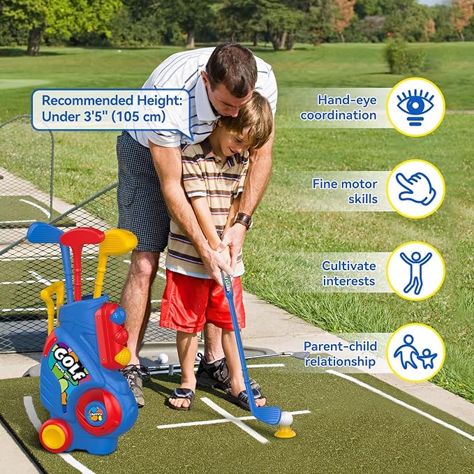 Liberry Toddler Golf Set with Putting Mat for 2 3 4 Years Old Boys Girls, Upgraded Kids Golf Cart with Unique Shoulder Strap Design, Indoor and Outdoor Golf Toys Gifts