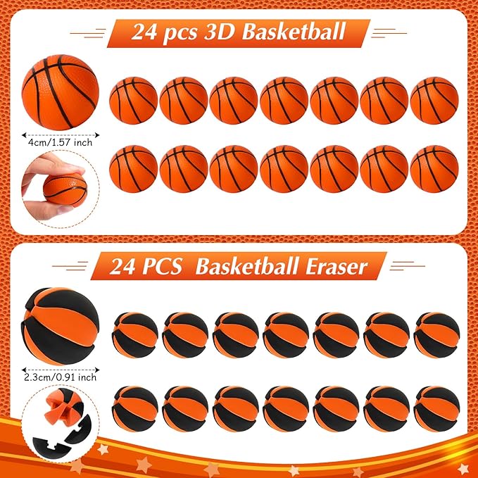 Aoriher 194Pcs Basketball Party Favors Set 24 Silicone Bracelets 24 Charm Bracelets 24 Mini Basketball 24 Keychains 24 Non Woven Gift Goodie Bags 24 Erasers 50 Sticker for Sports themed Party Supplies