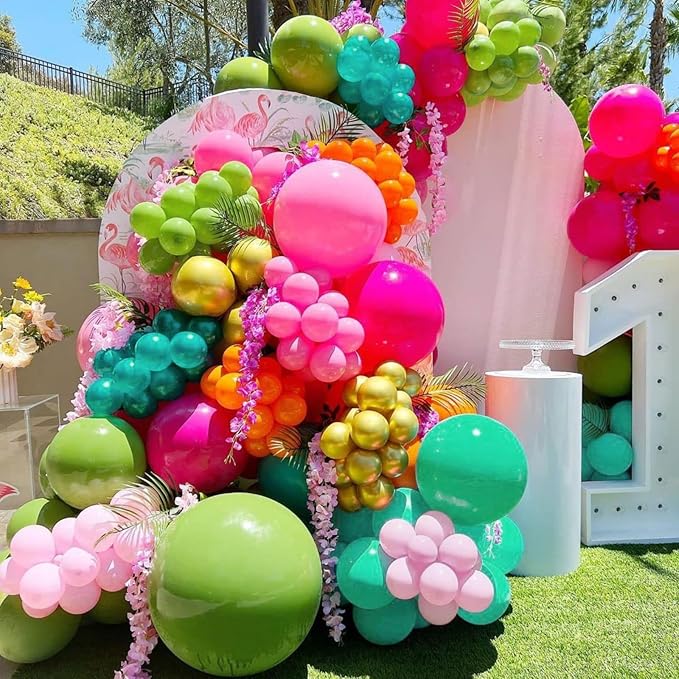 Paready Tropical Balloons Set, 50 Pcs Hawaiian Party Balloons, 12 Inch Hot Pink Orange Teal Green Metallic Gold Latex Balloons Colorful Helium for Baby Shower Summer Party Pool Beach Party Decorations