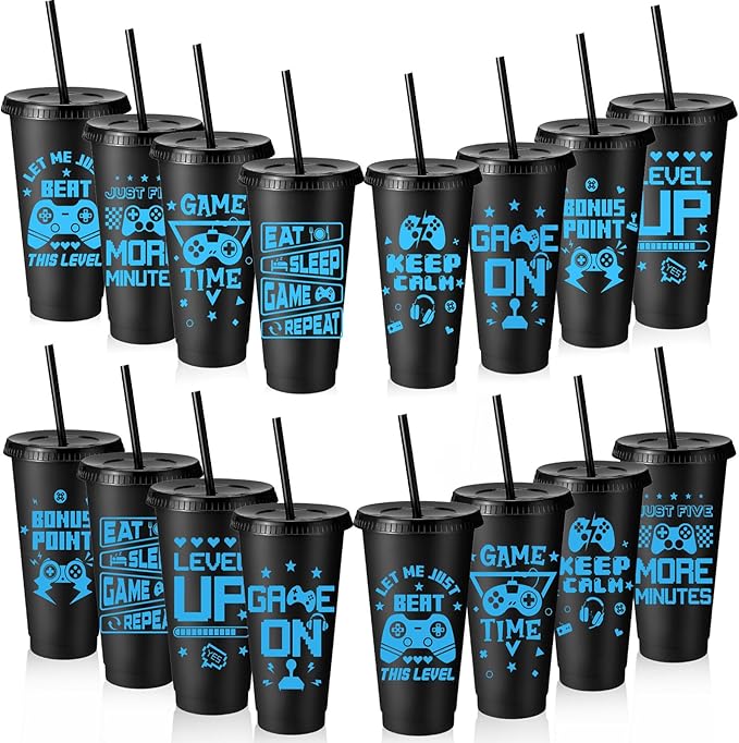 16 Pcs Video Game Plastic Cups Gaming Party Favor with Lids and Straws 24 oz Gamer Reusable Tumbler Water Mug for Fun Video Birthday Party Supplies for Adults (Black Blue)