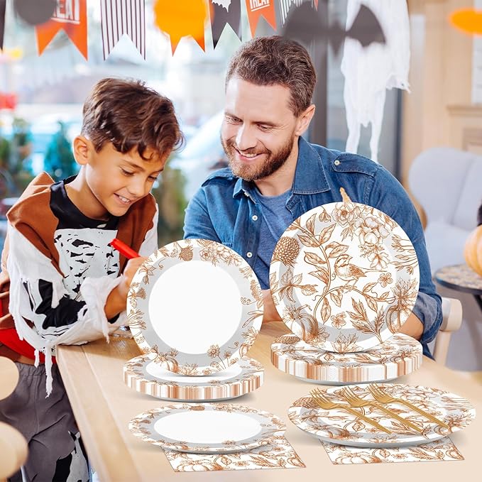 96Pcs Thanksgiving Party Supplies Paper Plates Napkins Thanksgiving Fall Harvest Cake Dessert Tableware Set Thankful Pumpkin Floral Picnic Dinnerware for Birthday Baby Shower Decoration Serve 24