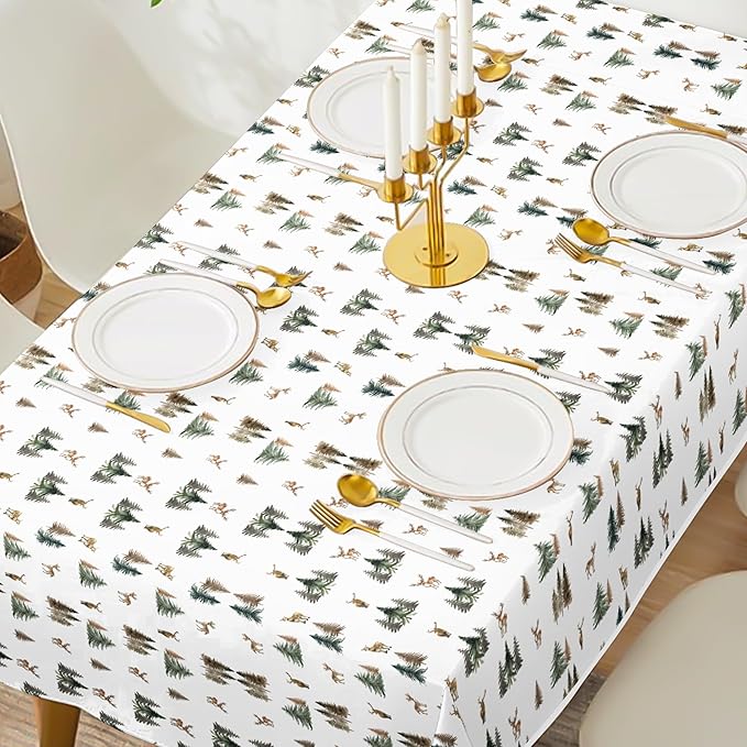 Winter Deer Table Cover - 3Pcs Watercolor Forest Flower Deer Pine Tree Disposable Plastic Rectangle Pack Merry Christmas Xmas Table Cloth Baby Shower Holiday Party Decor Decoration Supplies