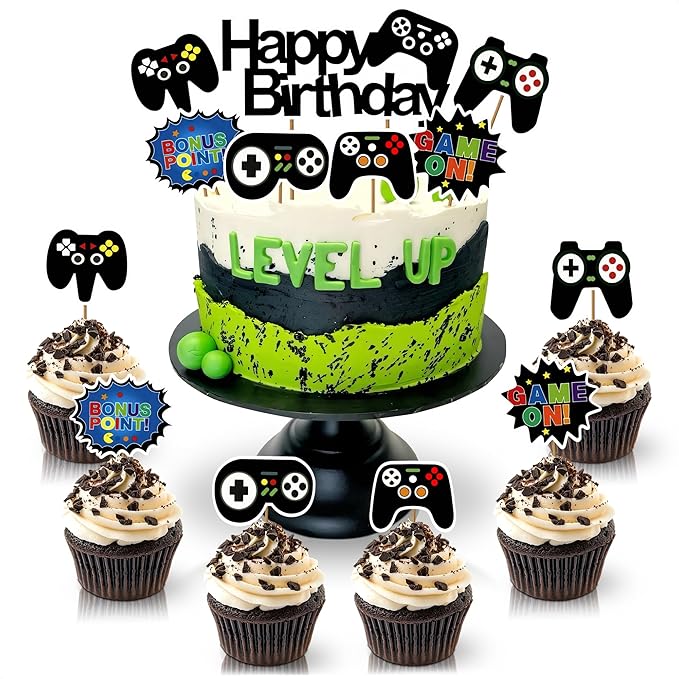 13 Pcs Gamer Cake Topper - Sturdy Cardboard Gamer Cake Decorations with Detailed Gamepads, Video Game Cake Topper Easy & Firm Installation Sticks - Splashy Video Game Decorations for Boys & Girls