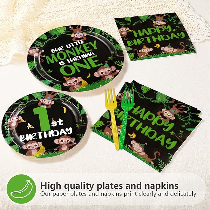 96Pcs Monkey 1st Birthday Party Decorations Our Little Monkey is Turning One Plates and Napkins Happy First Birthday Tableware Set for Wild Jungle Animal Theme Party Supplies Serves 24