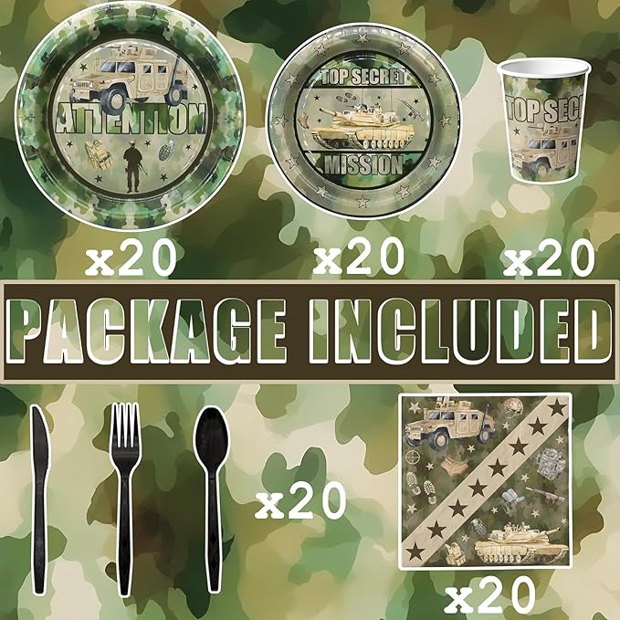 Army Party Decorations Set - Unique Army Party Plates, Cups, Napkins, and Cutlery for an Enthralling Celebration - Disposable and Stylish Army Party Supplies for Birthdays and Events