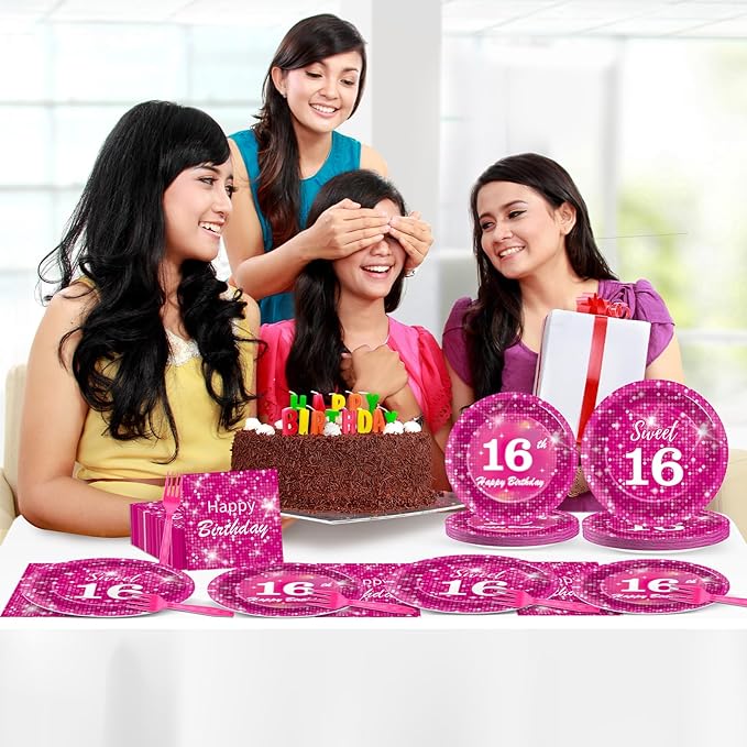96Pcs Hot Pink Disco Birthday Party Supplies Sweet 16 Paper Plates and Napkins Hot Pink 16th Iridescent Tableware Decoration for Girls Happy 16 Years Old Princess Disco Themed Party Favors Serves 24
