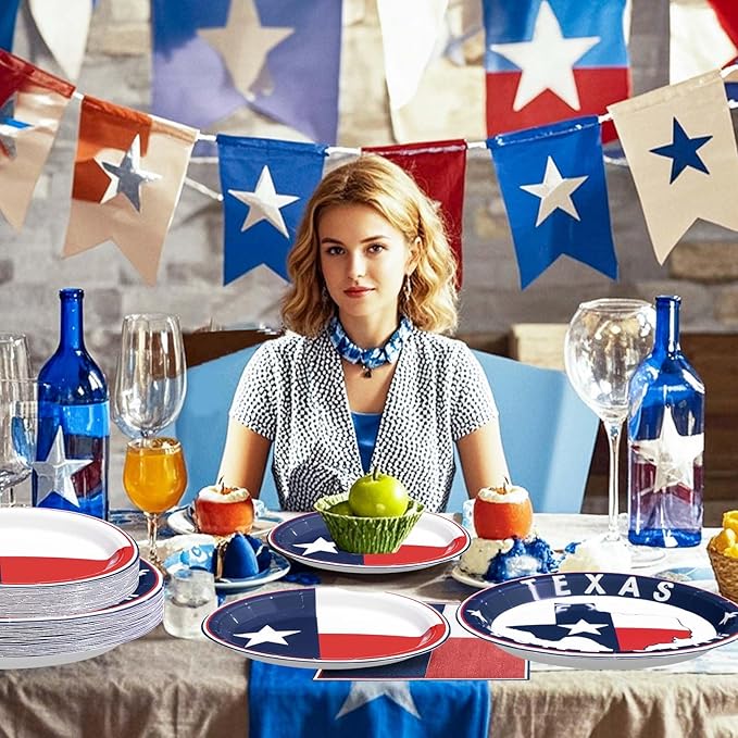 96Pcs Texas State Flag Party Decorations Texas State Theme Party Disposable Paper Plates Napkins Tableware Set Texas State National Decorations Favors for Birthday Family Gathering Supplies Serves 24