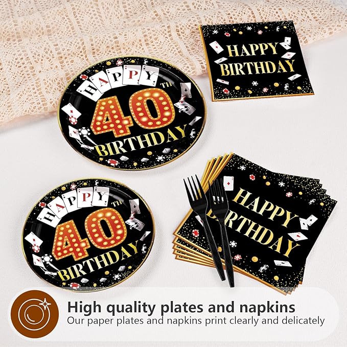 96Pcs Casino 40th Birthday Decoration Casino Themed Paper Plates and Napkins 40th Las Vegas Party Decoration for 40 Years Birthday Poker Game Night Vegas Party Supplies