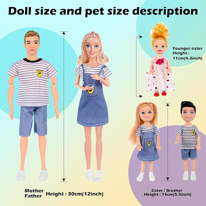 Dolls Family Playset with Baby Stroller Set- 6 People, Pets & Accessories for 3-12 Years Old | Toddler Gift with Pregnant Mom, Dad, 3 Kids, Dogs, and Interactive Play