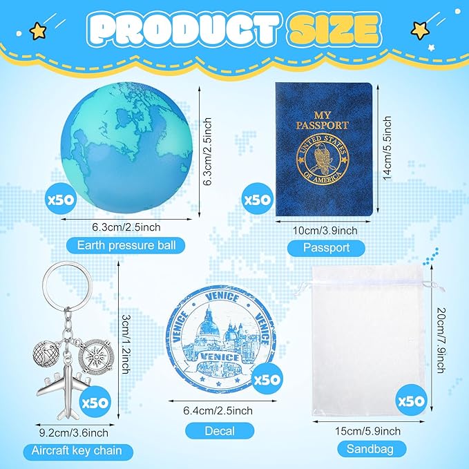 Maitys 440 Pcs Travel Party Earth Stress Balls, Airplane Keychain, Passport Book with Assorted Travel Stickers for Scrapbooks, Organza Bags for Adults Adventure Theme Party Supplies