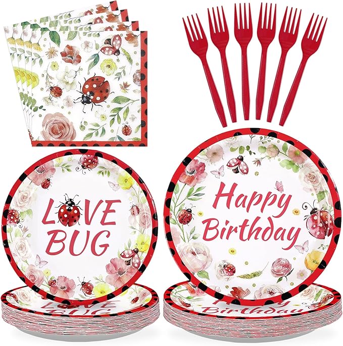 96Pcs Ladybug Birthday Party Supplies Cute Ladybird Birthday Plates and Napkins Cute Red Black Ladybug Theme Tableware Set for Kids Insect Theme Baby Shower Party Decorations Serves 24