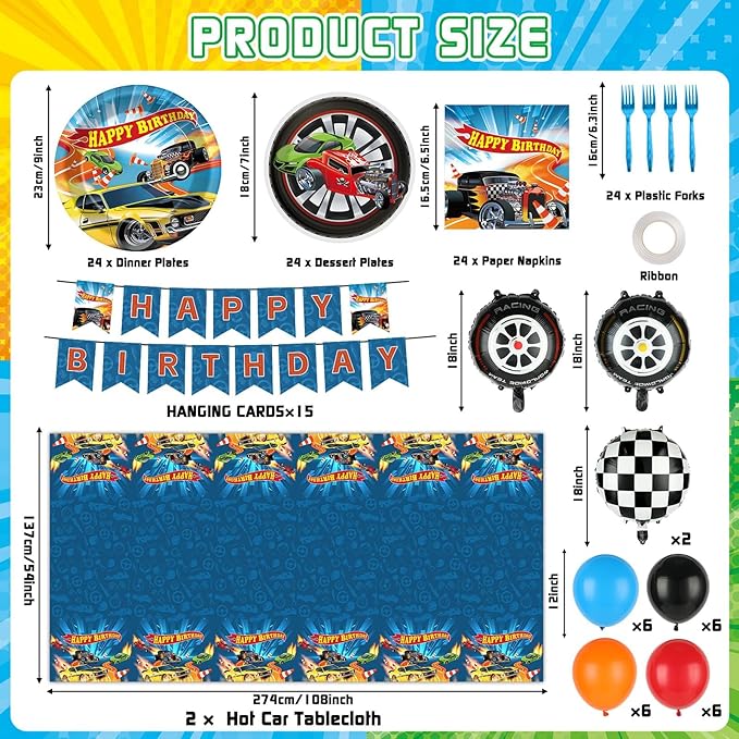 127Pcs Wheels Race Car Birthday Party Supplies Race Cars Plates Napkins Tablecloth with Racing Car Banner Monster Truck Wheels Checkered Balloons Racing Signs Decorations
