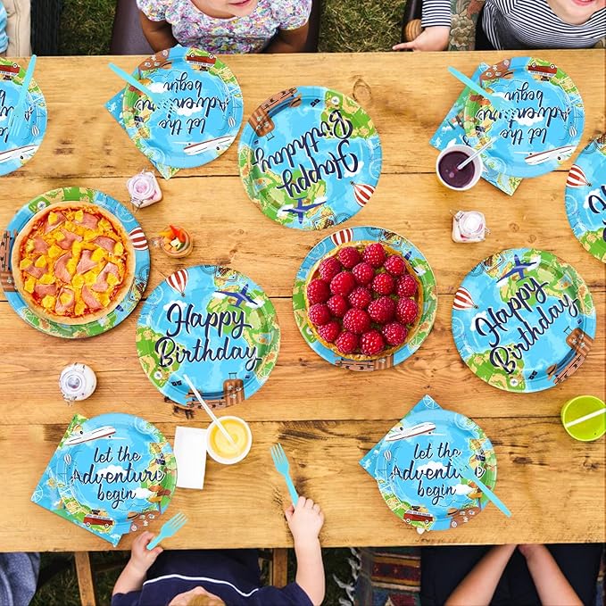 96Pcs Adventure Awaits Birthday Decorations Let The Adventure Begin Plates and Napkins Travel Theme Birthday Decor for Kids Boys World Map Graduation Travel Bday Baby Shower Party Supplies Serves 24