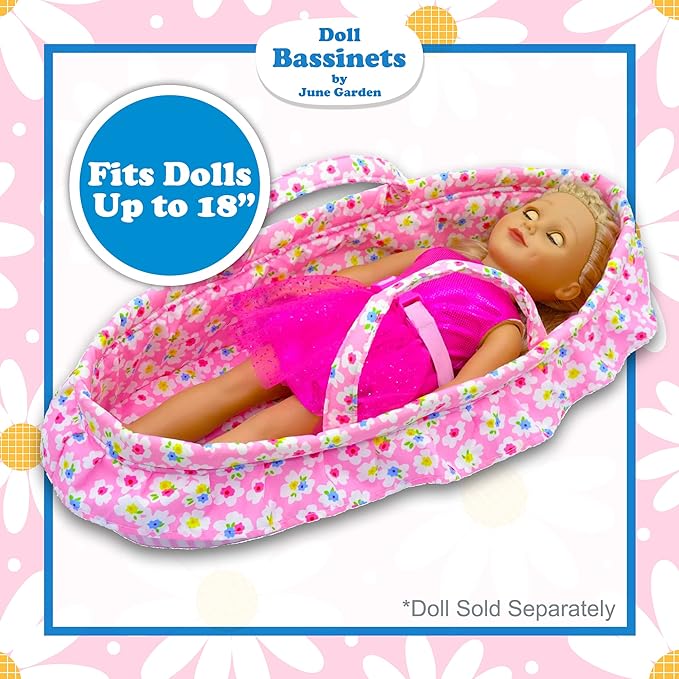 June Garden Cozy Dream Doll Bassinet - Baby Doll Portable Carrier - Fits for American Girl Dolls up to 18" - Soft Pillow & Safety Buckle Included