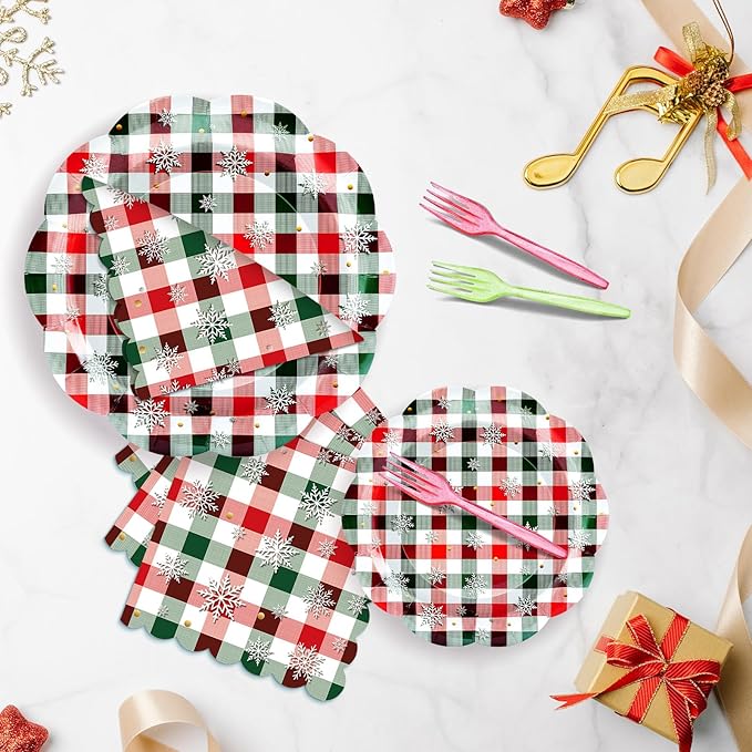 96 Pieces Christmas Plaid Tableware Set – Red and Green Checkered Disposable Plates, Napkins, and Forks with Snowflake Design for Holiday Parties, Winter Birthdays, and Seasonal Events