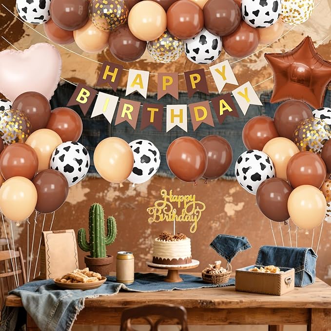 Western Cowboy Birthday Decorations,Brown Nude Gold Cow Print Balloons Banner Star Heart Foil Balloon for Farmhouse Baby Shower Birthday Party