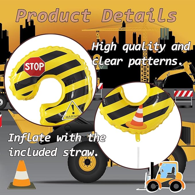 40 Inch Giant Construction Theme Number Balloons - Large Number 3 Balloons Yellow and Black Striped for Kids' Construction Birthday Anniversary Party Decorations Supplies Number 2-4 Balloon