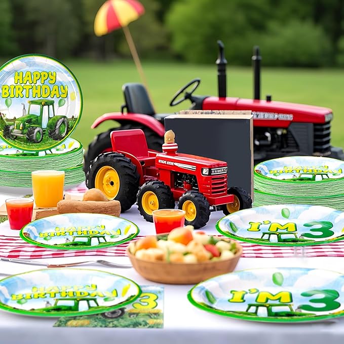 Grencian 96Pcs Tractor Birthday Party Decorations Tractor 3rd Birthday Party Plates Disposable Green Tractors Paper Tableware Set for Kids Boys 3 Years Old Supplies Serves 24