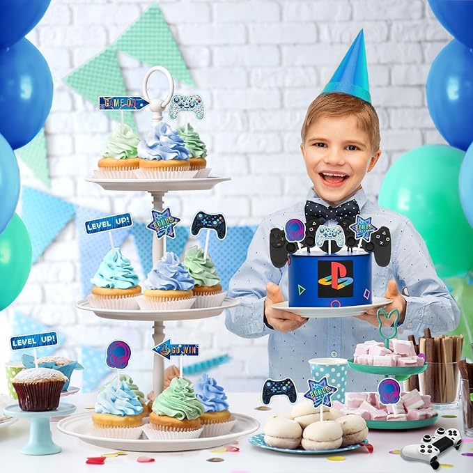 WERNNSAI 35 PCS Video Game Cupcake Toppers - Gaming Cake Toppers Game Birthday Party Cake Decorations for Kids Boys Gamer Cupcake Toppers Game Party Favors Supplies Gaming Night Party Cake Decors