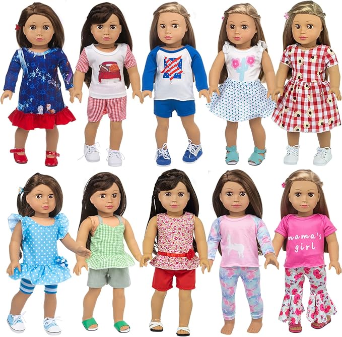 23 Pcs American Doll Clothes Dress and Accessories Sets for American 18 inch Dolls - Including 10 Complete Set of Clothing , Doll Accessories with Hair Bands and Hair Clip
