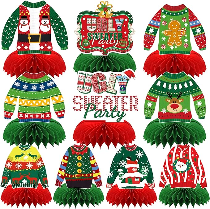 10 Pcs Christmas Ugly Sweater Party Decorations Honeycomb Centerpieces,3D Xmas Table Toppers Christmas Ugly Sweater Table Decor for Winter Holidays Party Supplies