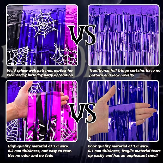 Wednesday Birthday Party Supplies, 2 Pack Wednesday Party Decorations 3.3x6.6ft Black Purple and Pink Tinsel Foil Fringe Curtains, Gothic Photo Booth Prop Backdrop Streamer for Girl in Dark