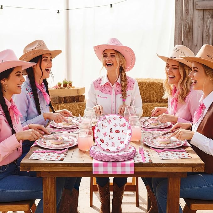 122 Pcs Pink Cowgirl Birthday Party Supplies Western Cowgirl Plates Napkins and Fork Disposable Bowknot Rodeo Tableware Set for Girls Baby Shower Wedding Bachelorette Decoration, Serve 24