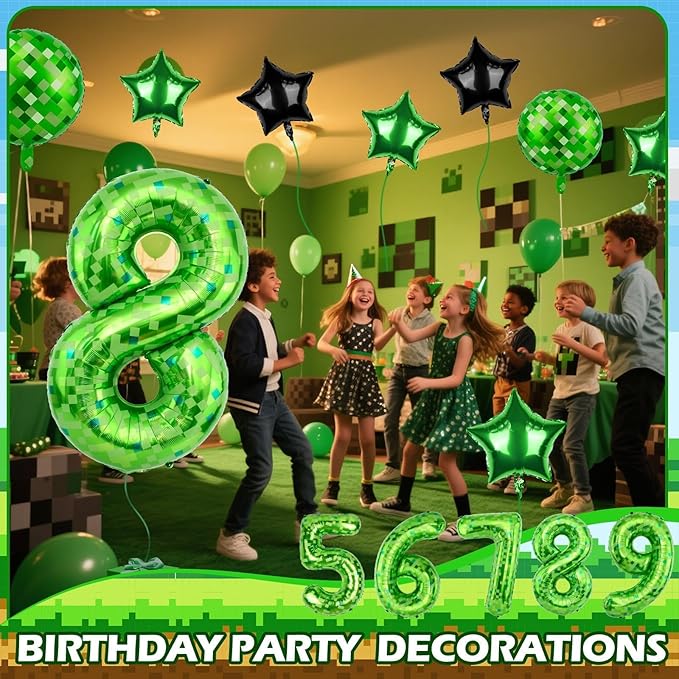 40 Inch Green Pixel Themed Number 8 Balloon Set Foil Balloon for Girls & Boys Birthday Party Decorations, Party Supplies & Favors(Number 8)