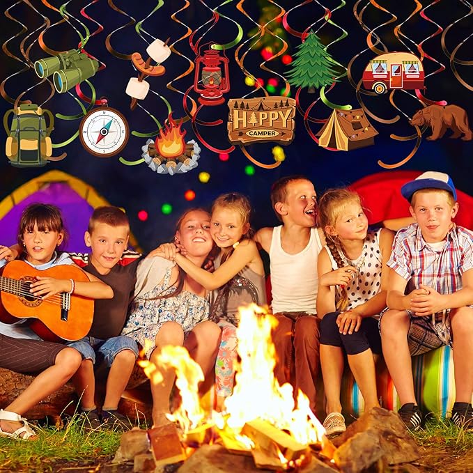 Sumind 30 Pcs Camping Birthday Decorations One Happy Camper Birthday Party Supplies Hanging Swirls Foil Ceiling Streamers Camping Theme Party Decor for Adventure Bears Sign Room Wall Indoor Outdoor