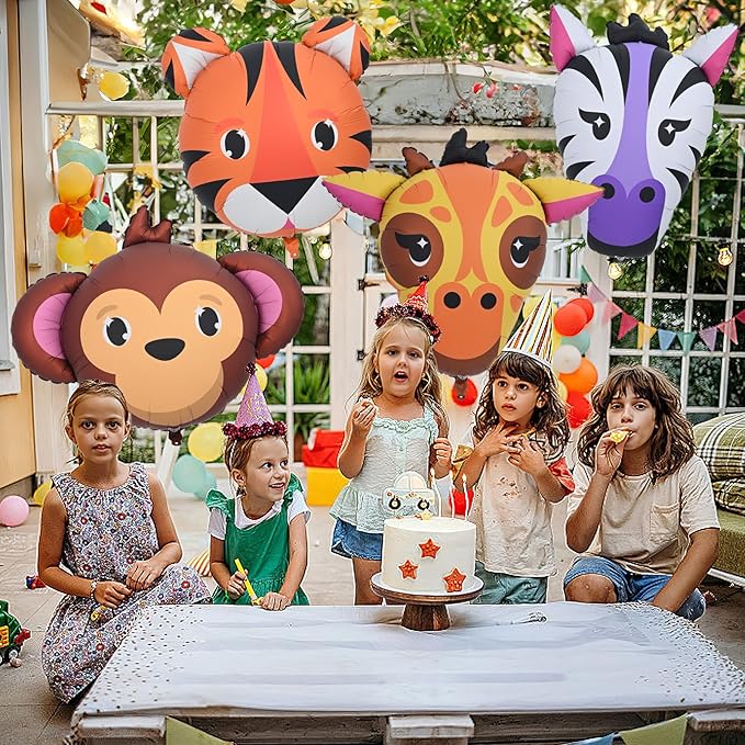 4pcs Large Jungle Safari Animal Balloons (23–34 In), Tiger Giraffe Zebra Monkey Head Foil Balloons for Kid Boys Jungle Safari Theme Birthday Party Wild One Zoo Woodland Baby Shower Party Decorations