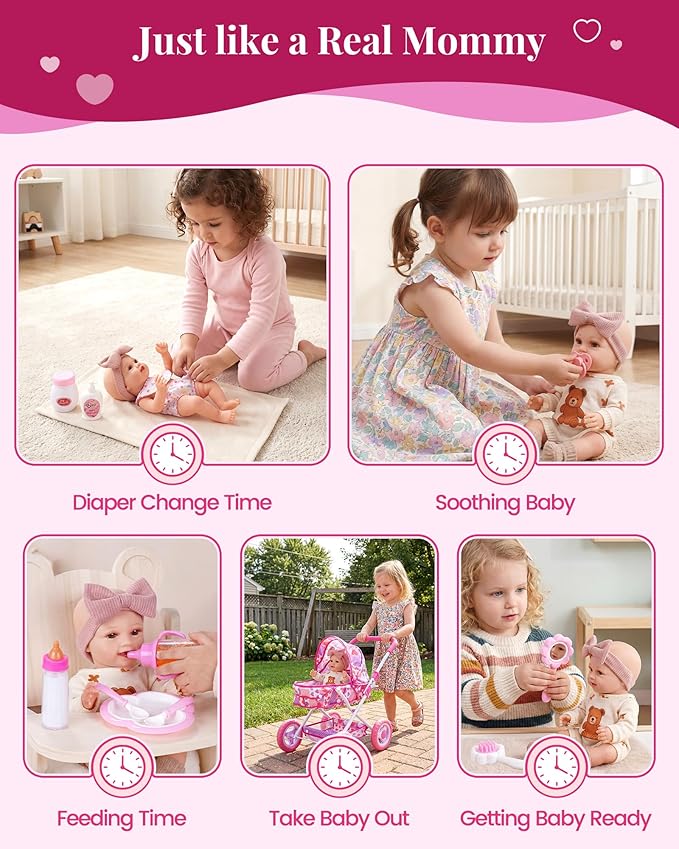 BABESIDE Baby Doll Stroller Set, 10-Piece Portable Doll Stroller with Baby Doll Accessories for Pretend Play, Feeding & Care Playset for Girls 3+, Fits 12-Inch Dolls (Doll Not Included)