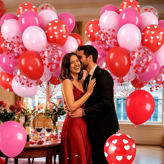 Red and Pink Balloons, Valentine's Day Balloon with Red Pink Heart Printed Confetti Latex Balloons For Valentine Party Birthday Baby Shower Party Wedding Bridal Anniversary Engagement Decorations