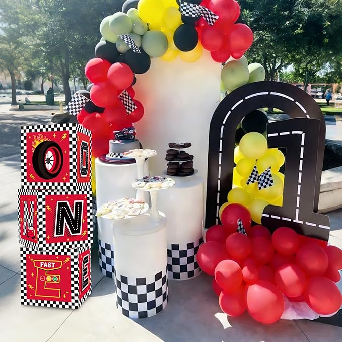 TONIFUL Race Car 1st Birthday Party Supplies Red Yellow Black Balloon Box with Letters，Fast One Theme One Year Old Birthday Party Favors for Kids Baby Shower First Birthday Decoration