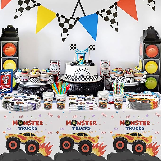 APOWBLS Monster Truck Birthday Party Supplies, Monster Theme Jam Party Decorations Tableware, Plate, Napkin, Tablecloth, Fork, Monster Truck Birthday Plate And Napkin Decorations Dinnerware | Serve 24