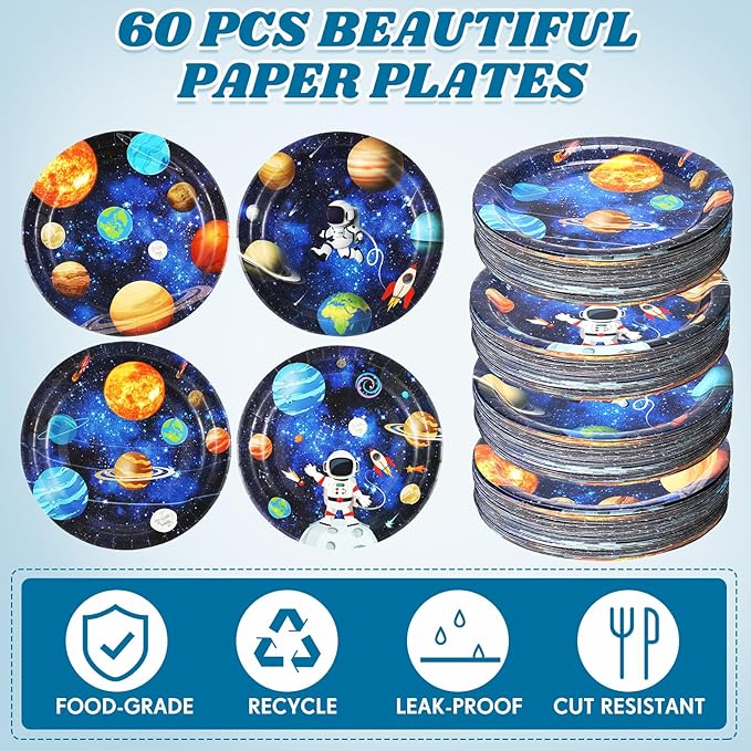 60 Pcs Space Theme Party Decorations 9 Inch Astronaut Outer Space Paper Plates Solar System Birthday Party Supplies for Kids Galaxy Planet Rocket Ship Theme Decoration